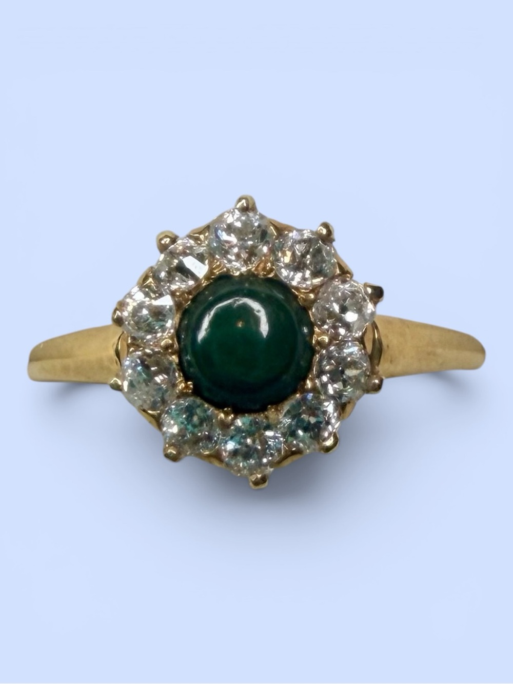 VTG 14K Yellow Gold Jade Cabochon & OEC Diamonds .50ct Halo Ring Estate